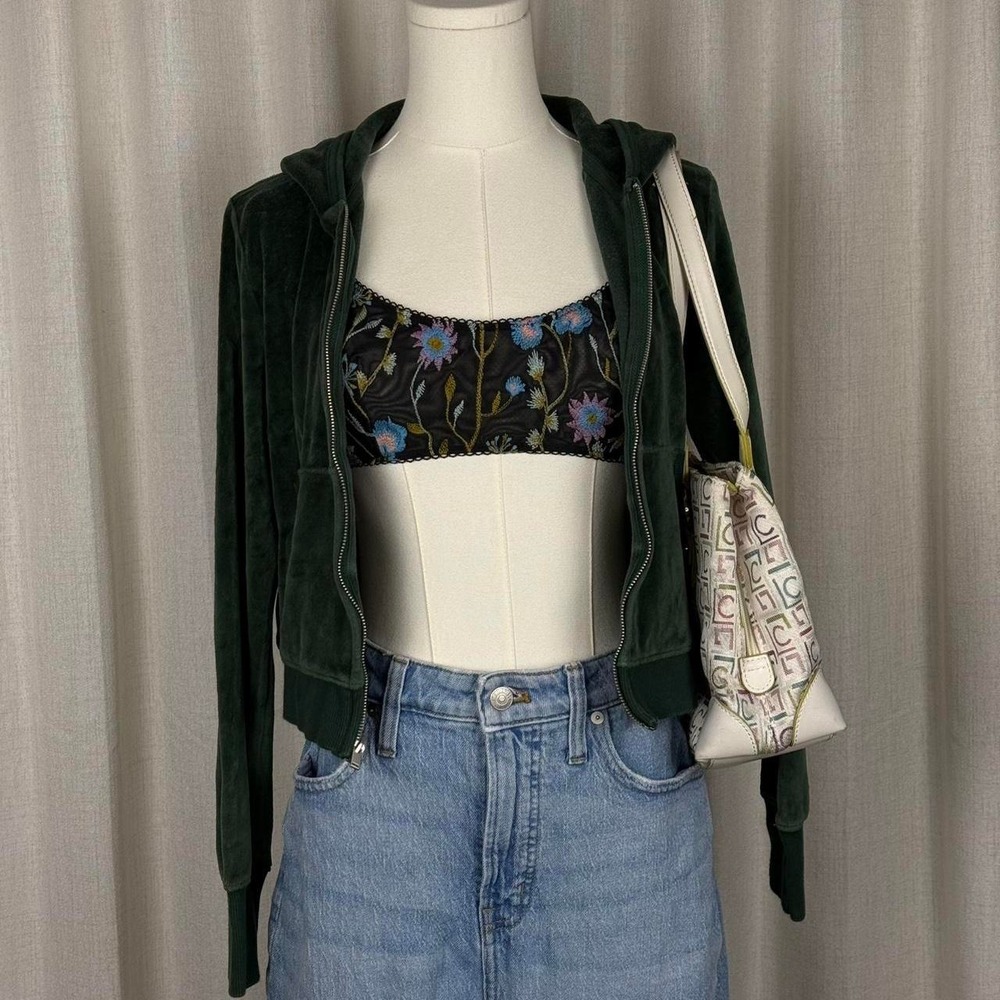 Aerie Green Velvet Cropped Zip-Up Hoodie Sweatshirt Womens Small Y2K Preppy